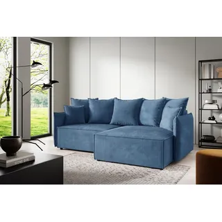 Ecksofa Schlafsofa Sofa MINEA in Stoff Poso Blau Ottomane Rechts - Blau