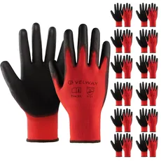 Velway 12 Paar Arbeitshandschuhe Mechaniker Handschuhe - Größe 8 Leichte Damen Gartenhandschuhe Rutschfeste mit PU-Beschichtete Herren Montagehandschuhe Atmungsaktive Schutzhandschuhe EN388 - Rot