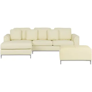 Beliani 4-Sitzer Ecksofa mit Ottomane Hellbeige Echtleder Gesteppt L-Förmig Rechtsseitig 3 Dekokissen Modernes Design Wohnzimmer Ledersofa Leder-Ecksofa - Beige, Silber