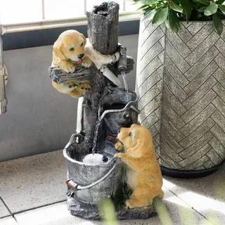 Hundewelpen Milo und Buddy Solarbrunnen für draussen LED-Licht Akku H49cm 101382 - Braun