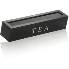 com-four® Teebox mit 6 Fächern für bis zu 90 Teebeutel - Schwarze Aufbewahrungsbox aus Holz für Tee - Teebeutelbox mit Sichtfenster - Teekiste - Teeaufbewahrung (01 Stück - 43x9x8.7cm schwarz)