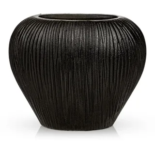 Flache Keramikvase Modern – Schmale Ribbed Vase für Pampasgras & Kunstblumen, Dekovase Keramik für Tisch, Regal & Sideboard, Boho Blumenvasen Wohndeko, Schwarz - 17 cm Hohe