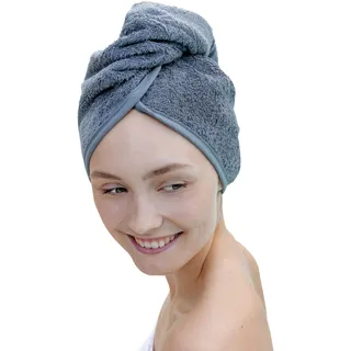 Carenesse Haarturban Baumwolle grau I Turban Handtuch mit Knopf & Schlaufe saugstark I Stabiles Haarhandtuch zur natürlich schonenden Haartrocknung OHNE Mikroplastik