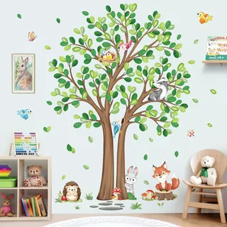 decalmile Wandsticker Waldtiere Baum Groß Wandtattoo Fuchs Hase Igel Wandaufkleber Babyzimmer Kinderzimmer Wohnzimmer Wanddeko