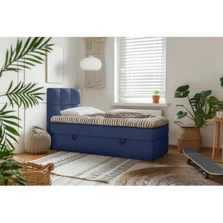 Mid.you Boxbett , Dunkelblau , Holz, Textil, Holzwerkstoff , H3 , 90x200 cm , Bettkasten, gepolstertes Kopfteil, Stoffauswahl, Topper durchgehend , Holzmöbel, Holzbetten, Boxspringbetten Holz