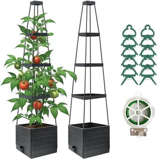 JQTOP 2 Stück Hochbeet Pflanzkasten mit Spalier, Tomaten-Pflanzgefäß mit Rankgitter für Kletterpflanzen, Gemüse, Ranken, Blumen, selbstbewässernder Tomatenkäfig für Garten, Terrasse, Outdoor & Indoor