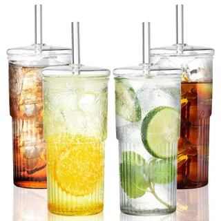 Glasbecher mit Deckel und Strohhalm,4 Stück 600ml/20Oz Trinkbecher Iced Coffee Glas Smoothie Becher Eiskaffee Becher für Milch, Eiswasser, Saft, Kaffee, Soda, Cocktail, kalte oder heiße Getränke