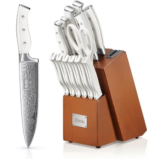 D.Perlla Messerblock Set, 14-TLG Selbstschärfender Messerblock mit Messer, Scharf Edelstahl Messerset Set mit Kunststoff-Griff und Holzblock, Profi Küchenmesserset, Braun