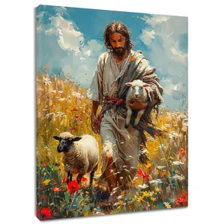 LB Wandbilder Christlich Wanddruck Jesus mit Lamm im Weizenfeld Leinwand Bilder Ästhetische Wildblume Poster für Wohnzimmer Schlafzimmer Badezimmer Wand Deko,30x40cm Gerahmt