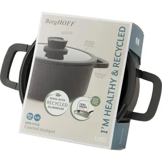 BergHOFF Leo Kochtopf, 24 cm, rund, aus 100% recyceltem Aluminium, keramische Antihaftbeschichtung, mit Glasdeckel, induktion, grau, Cool-Touch-Griff - Grau