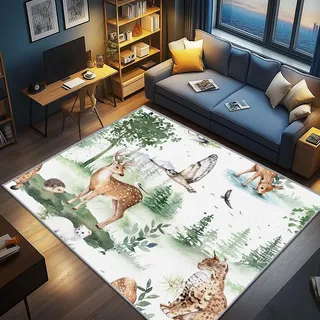 AevuCub Waldtiere Deko, Hirsch Igel Eule Luchs Teppich 200x300 Kurzflor, Großer Teppich Wohnzimmer Kinder, Weich rutschfest Waschbare Teppiche, Bettvorleger Schlafzimmer Kinderzimmer