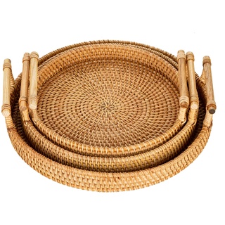 Sziqiqi Rattan Serviertablett mit Griffen 3er-Set Handgewebtes Wicker-Tablett Rattan-Tablett Rustikales dekoratives Tablett für Frühstück, Getränke, Snacks, Brot für die Couchtisch-Bar Dinnerpartys