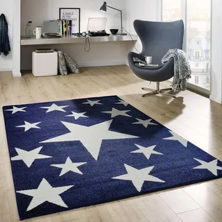 VIMODA Teppich Kurzflor Sterne Himmel Modern Blau Weiß Jugendzimmer für kinderzimmer, Wohnzimmer, Maße:120x170 cm