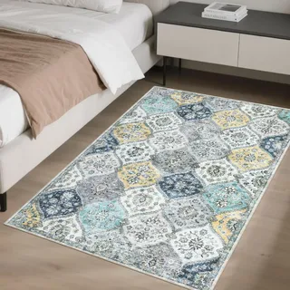 LuxFocus Waschbarer Kleiner Teppich 80x150 cm, floraler Vintage-Teppich fürs Schlafzimmer, orientalische Bettumrandung, Rutschfester Kurzflor, Blau Gelb