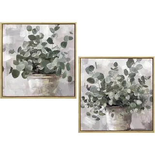 DRW Holzbild mit Rahmen und Pflanzen, handbemalt, grün, 60 x 3 x 60 cm