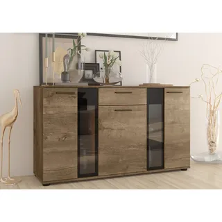 FURNIX Sideboard SARAI mit Schublade, Glastüren und LED Beleuchtung 3-türig, Anrichte Kommode fürs Esszimmer 140 cm modern Eiche Lefkas - Braun