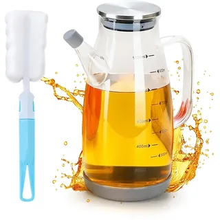 Yuragim Ölflasche Glas, 1L Borosilikatglas Ölspender mit Messskala, Öl Essig Flaschen,Ölspender Glas zum Kochen, Groß Auslaufsicher Gewürzkessel Kännchen für Öl,Essig,Sauce, für Küche Camping Outdoor