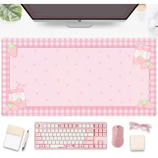 Niedliche rosa karierte Schreibtischunterlage, Erdbeermilch, Gaming-Schreibtischunterlage, Kawaii-erweitertes Mauspad, Kawaii, große Tastatur-Matten, XXL, Laptop-Matte für Schreibtisch,