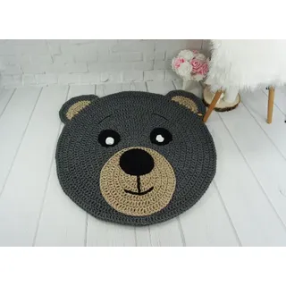 Teppich Teddybär / Teddybär / Runder Häkelteppich / 100 cm Durchmesser / 5 mm Baumwollkordelteppich / Wohnzimmerteppich / Kinderzimmerteppich / Kinderteppich / Badezimmerteppich / Bodenmatte / Baumwollteppich / Skandinavischer Teppich / Heimdekoration / personalisierter Teppich / Teppich für einen Jungen - Dunkelgrau