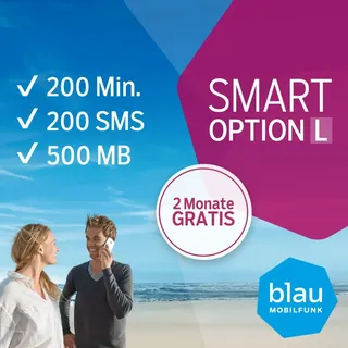 blau Prepaid SIM-Karte mit Smart-Option L 2 Monate gratis (keine Vertragsbindung), 200 Min./200 SMS/500 MB Highspeed-Internet, 25 Euro für Handynummern-Mitnahme