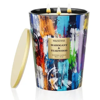 M&SENSE Große Duftkerze im Glas, Teakwood Scented Candle, 150 Stunden Brenndauer mit 3 Dochten, XXL-Kerze aus 990g Sojawachs zur Entspannung, Geschenk für Frauen, Weihnachten, Geburtstag, Muttertag