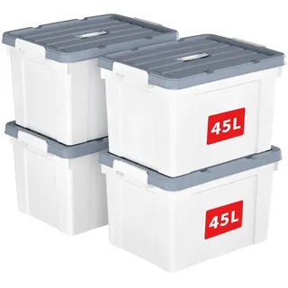 Cetomo 45L * 4 Kunststoff-Aufbewahrungsbox Box mit haltbarem Deckel und Sicherheitsverschluss stapelbar und verschachtelt 4 Stück Weiß