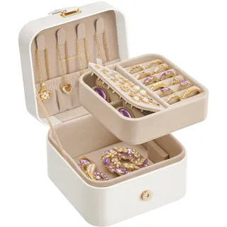 SONGMICS GISELLA Kollektion - Schmuckkästchen Reise mit 2 Ebenen, Schmuckkasten klein, Schmuckaufbewahrung, tragbar, für größere Accessoires, Geschenkidee, 11,2 x 11,8 x 7,2 cm, wolkenweiß JBC185W03