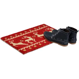 Relaxdays Fußmatte Weihnachten Kokos, HxBxT: 1,5 x 60 x 40 cm, Rentiere, Sterne, Glitzer, Kokosfaser, Gummi, mehrfarbig