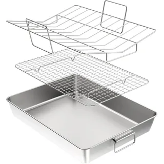 41cm super Große Grill- und Auflaufform mit Rost und V-Form Gitterrost, Yoassi Edelstahl Rechteckig Grillschale Bräter mit Griffen für Hähnchen, Robust &amp; Gesund &amp; Spülmaschinenfest, 3-Pack