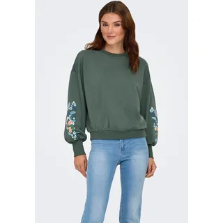 Sweatshirt ONLY "ONLBROOKE L/S O-NECK FLOWER SWT", Damen, Gr. XS, grün (balsam grün print:sleeve multi flowers), Sweatware, Obermaterial: 60% Baumwolle, 40% Polyester, geblümt, regular fit normal, Rundhals, Rippbündchen, Sweatshirts Sweatshirt, Baumwollmischung, regular fit