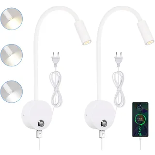 ERWEY LED Leselampe Wand, Bettlampe Wohnmobil Flexible Schwanenhals Lamp mit USB, 2 Stück Leselampe mit Touch Dimmbar 3000k-6000k einstellbare Helligkeit für Innenbeleuchtung, Weiß