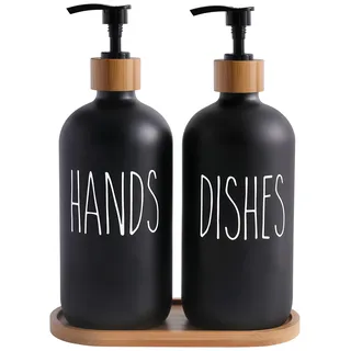 Glas Seifenspender Set, BIKALAN 475ml Seifenspender Schwarz Matt Badezimmer Set mit Tablett, Shampoo Lotion Handseifenspender für Küche Arbeitsplatte