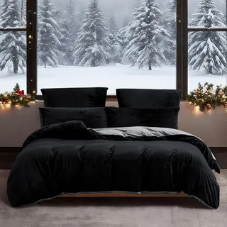 YASMENG Winter Bettwäsche 155x220 Schwarz Grau Warm Kuschelig Flauschige Bettwäsche Winter Weich Samt Plüsch Fleece Flanell Wendebettwäsche 3 Teilig mit Reißverschluss und 2 Kissenbezüge 80x80 cm