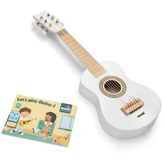 woet Woet® Weiß Holz Spielzeug Gitarre für Kinder, 6 Nylonsaiten mit Tragegurt, Ersatzsaite und Farb Liederbuch mit 3 Liedern, Einsteiger Lernspielzeug Musikinstrument, Geschenk, Ab 3 Jahren