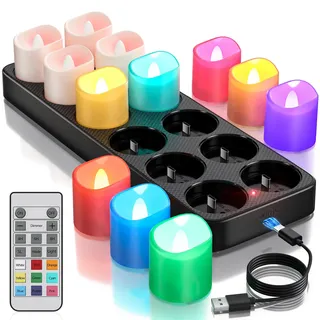 Yme Aufladbare Bunte Teelichter mit Ladestation, 12er LED Teelichter Wiederaufladbar Elektrische Kerzen Flackernd mit Fernbedienung und Timer für Zimmer Halloween Kürbis Weihnachten Party Deko – RGB