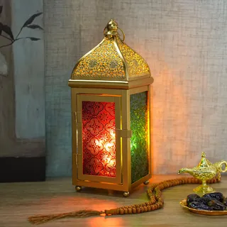 TRIROCKS Dekorative Ramadan-Tischlampe mit Batterie Metall Vintage Orientalische Hängelaterne Arabische LED-Leuchten mit Gehärtetem Glas für Heimdekoration Innen Außenbereich Partyveranstaltungen