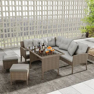 Flieks Rattan Gartenmöbel Set 7 Personen, Terassenmöbel Balkonmöbelset 4-tlg mit Kissen, Gartenlounge Set Loungemöbel Gartengarnitur Sitzgruppe, Khaki - Braun