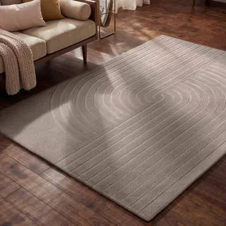 Wollteppich VIKOSA "Arcura", hellgrau, B:200cm H:15mm L:300cm, Wolle, Teppiche, Wollteppich, Wolle Handgemacht, Hoch-Tief-Effekt, Geometrisches Linien Wellendesign