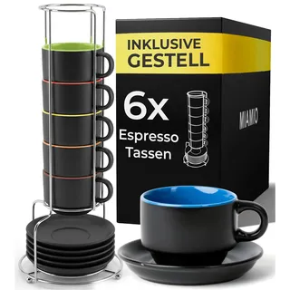 MIAMIO - 6 x 75 ml Espressotassen Set/Espresso Tassen Set mit Untertasse & Ständer - Kaffeetassen Set 6er Kaffeebecher Keramik - Le Papillon Kollektion (Bunt)
