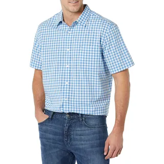 Amazon Essentials Herren Kurzarm-Hemd aus Stretch-Popeline, Normale Passform (in Übergrößen erhältlich), Hellblau Weiß Vichy-muster, 4XL Große Größen