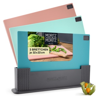 Moritz & Moritz 3x Schneidebrett Kunststoff Set - 32 x 22 cm - Im praktischen Ständer – Küchenbrett Groß – Spülmaschinengeeignet und hygienisch