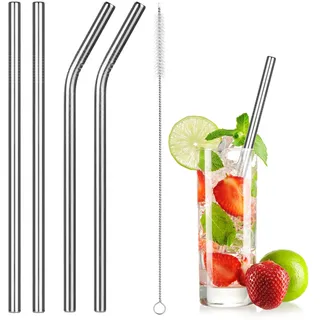 304 Bubble Tea Strohhalme Edelstah 4 Stück, 10 mm Breiter Wiederverwendbare Metall Strohhalm mit Reinigungsbürste, Ideal für Cocktails, Bubble Tea und Säfte(2 Gerade + 2 Gebogen)