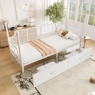 Flieks Tagesbett Metallbett 90x200cm mit 2 Schubladen, Schlafsofa Einzelbett mit Lattenrost, Jugendbett Stauraumbett Daybed, Weiß - Weiß