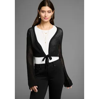 Ajourstrickjacke LAURA SCOTT, Damen, Gr. 48/50, schwarz, Strick, Obermaterial: 50% Baumwolle, 50% Polyacryl, durchscheinend, figurbetont kurz, tiefer V-Ausschnitt, Trompetenärmel, Strickjacken Ajourstrickjacke, in Netzstrickoptik in Bolero-Länge