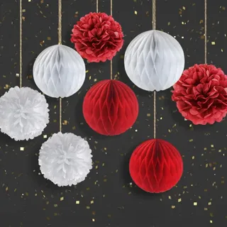 SUNBEAUTY 8 Stück Baumschmuck Weihnachten Hängende Waben Dekorationen Weihnachten Papier Wabenbälle Deko Rot Weiß Pompoms Deko Seidenpapier Pompom Christbaumschmuck Papier für Weihnachtsbaum Deko