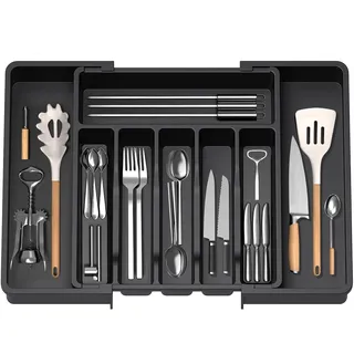 HIYAA Ausziehbares Utensilientablett für Schublade, Besteck, Schubladen-Organizer für die Küche, Aufbewahrungsständer aus Kunststoff für Besteck, Löffel, Gabeln usw, schwarz