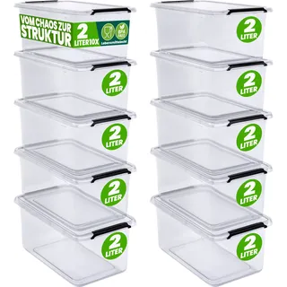 DEUBA® 10x Aufbewahrungsbox mit Deckel 2L Box Kunststoff Kisten lebensmittelecht BPA frei klein Klickverschluss transparent stapelbar Küche Schlafzimmer - Transparent