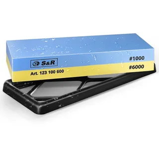 S&R Doppelseitiger Schleifstein 1000/6000 - Korund - Premium Wetzstein & Messerschärfer Set, rutschfester Silikon-Halter, Schleifhilfe, präzises Schärfen & Schleifen aller Klingen