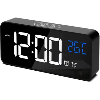 CHEREEKI Digitaler Wecker, Dual-Alarm, digital, Alarm mit Temperatur, 4 einstellbare Helligkeit, Snooze-Funktion, USB-Ladeanschluss, 12/24 Stunden, 13 Musik (schwarz)
