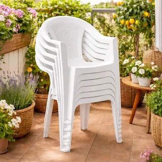 6x Outdoor Stapelstuhl Bistrostuhl Gartenstuhl Ischia Weiß Kunststoff - Weiß